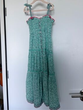 Poupette St. Barth Green Floral Smocked Maxi Dress with Pink Trim